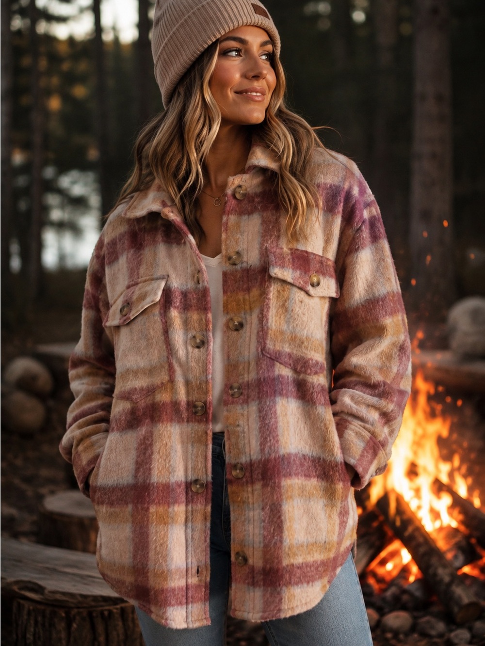 Plaid Utility Shacket in Rose and Cream for Women size small can fit L-XL